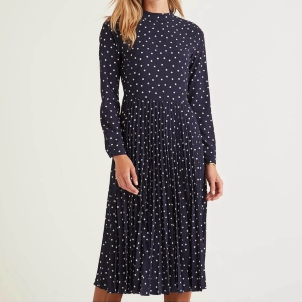 BODEN Camille Navy Polka Dot Pleated Midi Dress